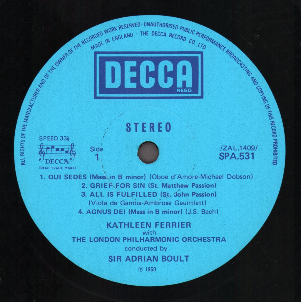 Kathleen Ferrier / Sir Adrian Boult / London Philharmonic Orchestra - Kathleen Ferrier Sings Bach And Handel - Lp