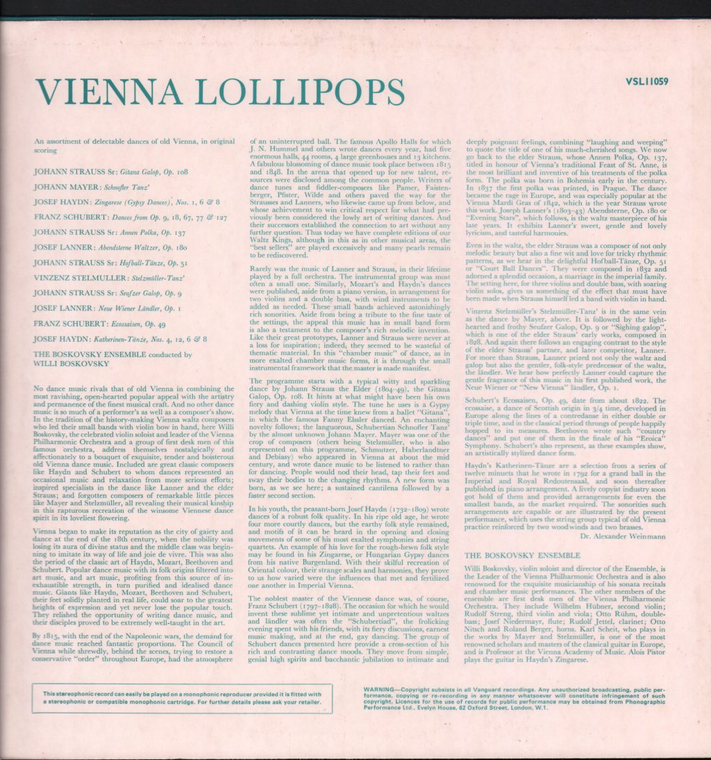 Boskovsky Ensemble / Willi Boskovsky - Lollipops From Vienna - Lp