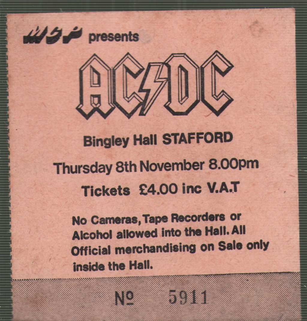 AC/DC - Highway To Hell Tour Part 2 - Bingley Hall Stafford 8th November 1979 - Ticket