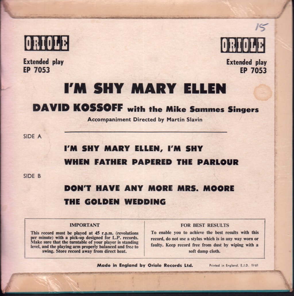 David Kossoff - I'm Shy, Mary Ellen - 7 Inch