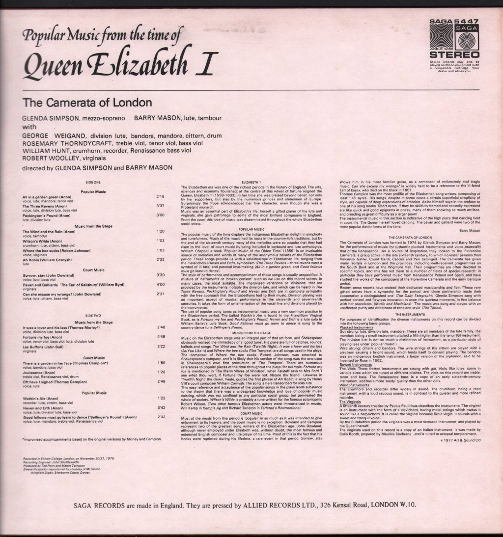Camerata Of London - Popular Music From The Time Of Queen Elizabeth I - Lp