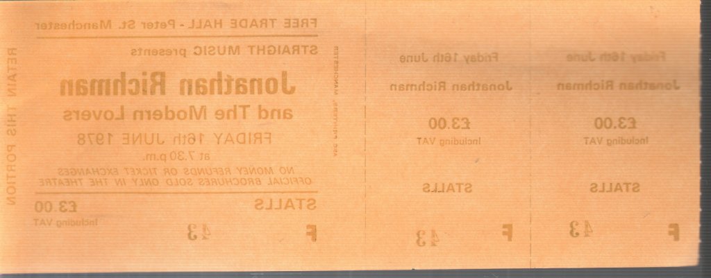 Jonathan Richman And The Modern Lovers - Free Trade Hall Manchester 16Th June 1978 - Ticket