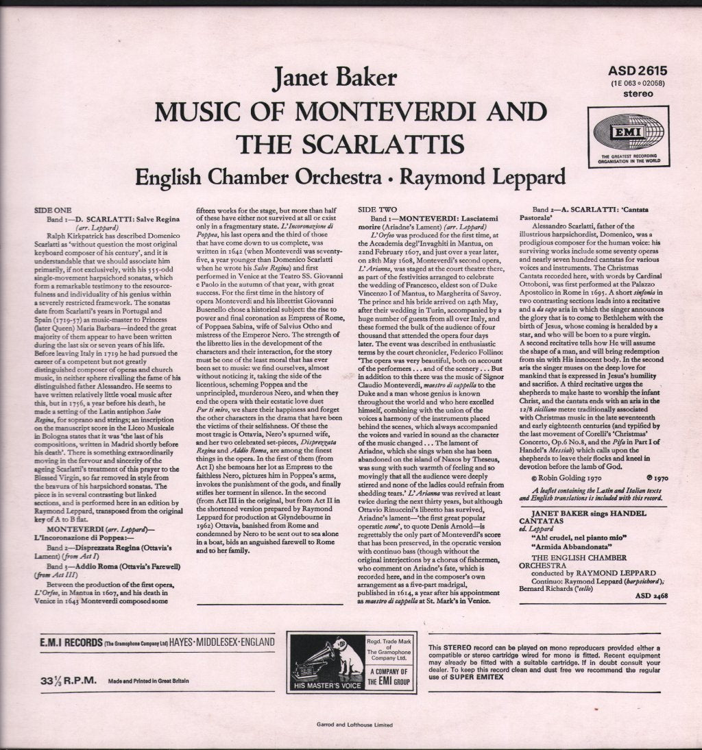 Janet Baker / Raymond Leppard / English Chamber Orchestra - Music of Monteverdi and the Scarlattis - Lp
