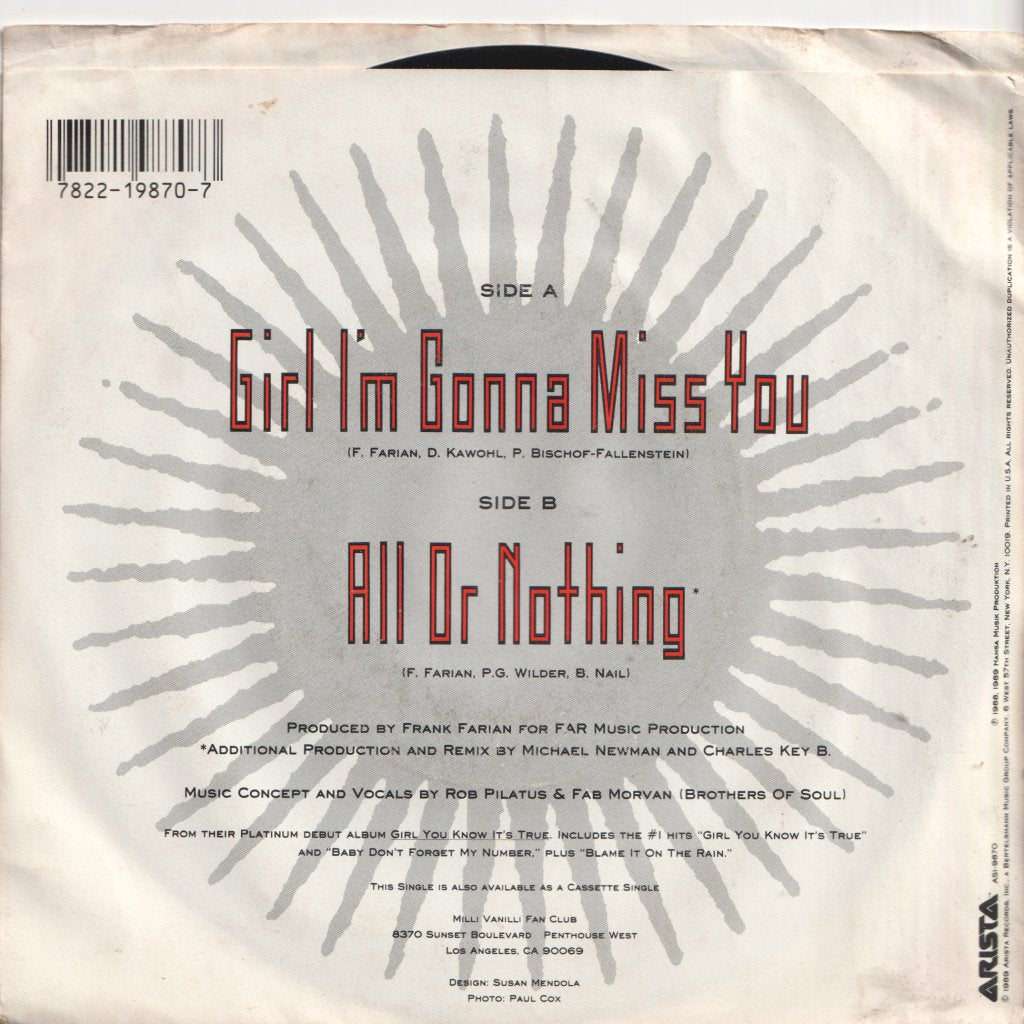 Milli Vanilli - Girl I'm Gonna Miss You - 7 Inch