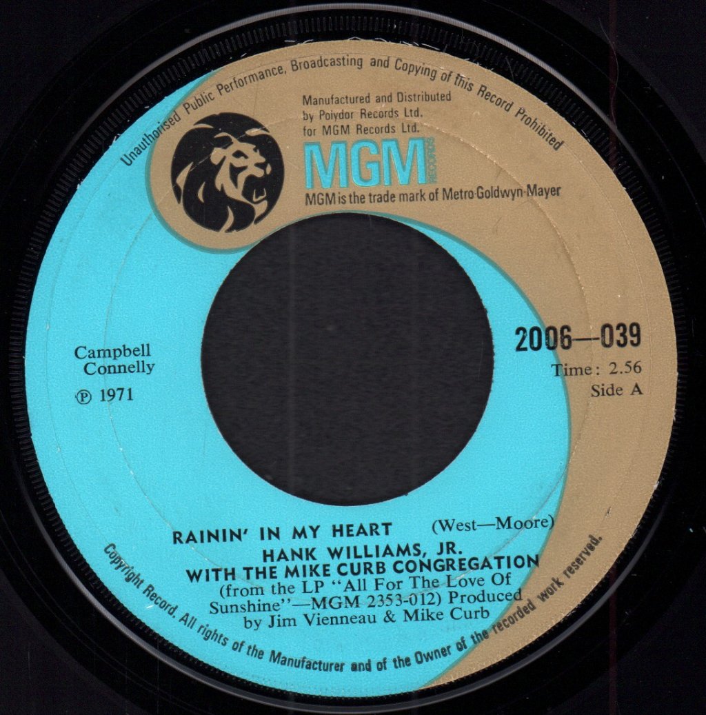 Hank Williams Jr - Rainin' In My Heart - 7 Inch