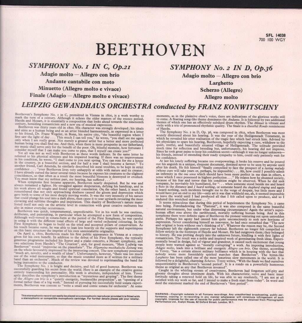 Franz Konwitschny / Leipzig Gewandhaus Orchestra - Beethoven - Symphony No. 1 In C, Op. 21 / Symphony No. 2 In D, Op. 36 - Lp