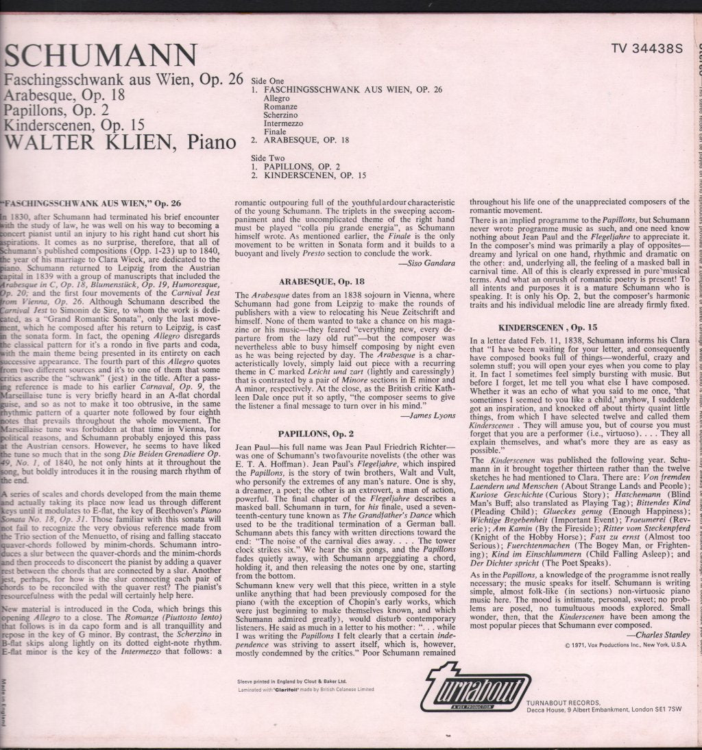 Walter Klien - Schumann - Faschingsschwank / Papillons / Arabesque / Kinderscenen - Lp