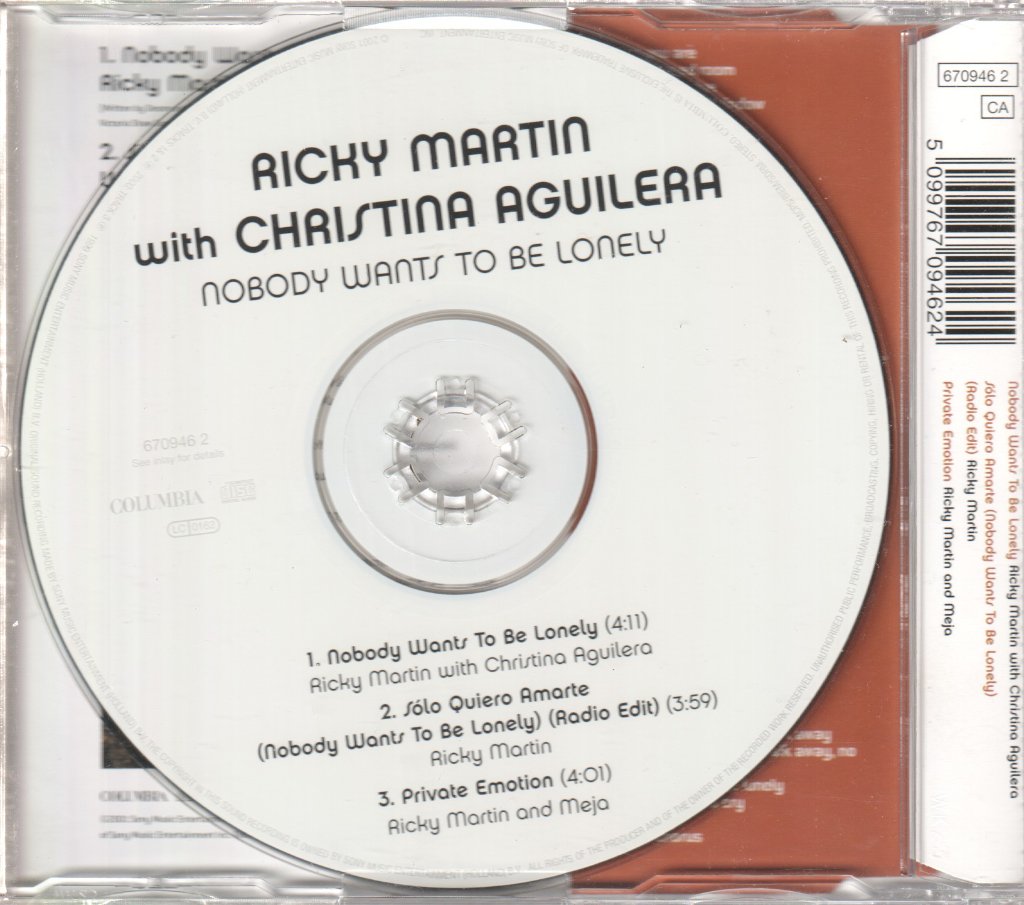 Ricky Martin With Christina Aguilera - Nobody Wants To Be Lonely - Cd