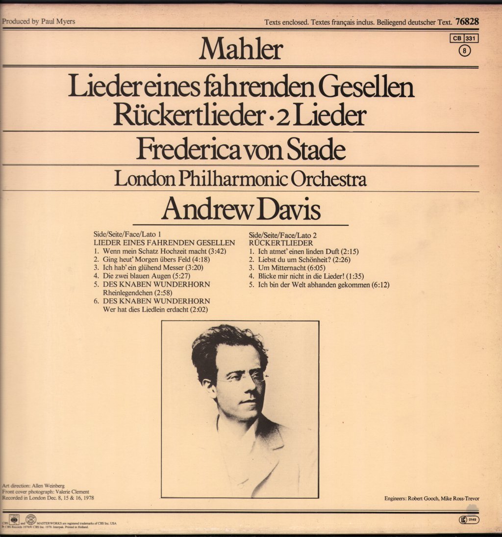Frederica von Stade / London Philharmonic Orchestra / Andrew Davis - Mahler - Lieder Eines Fahrenden Gesellen / Rückertlieder / 2 Lieder - Lp