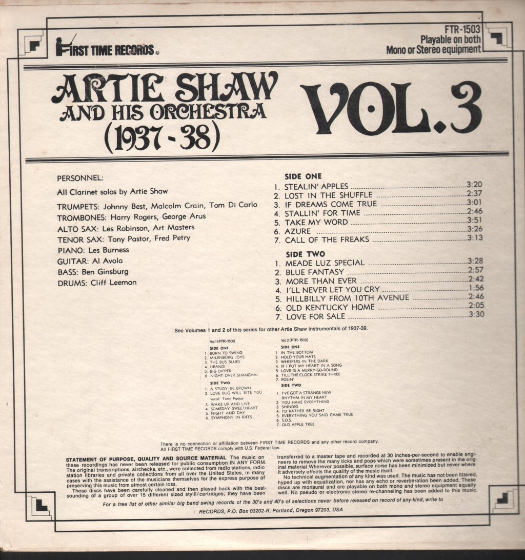 Artie Shaw And His Orchestra - 1937-38 Vol. 3 - Instrumentals Never Before On Record - Lp