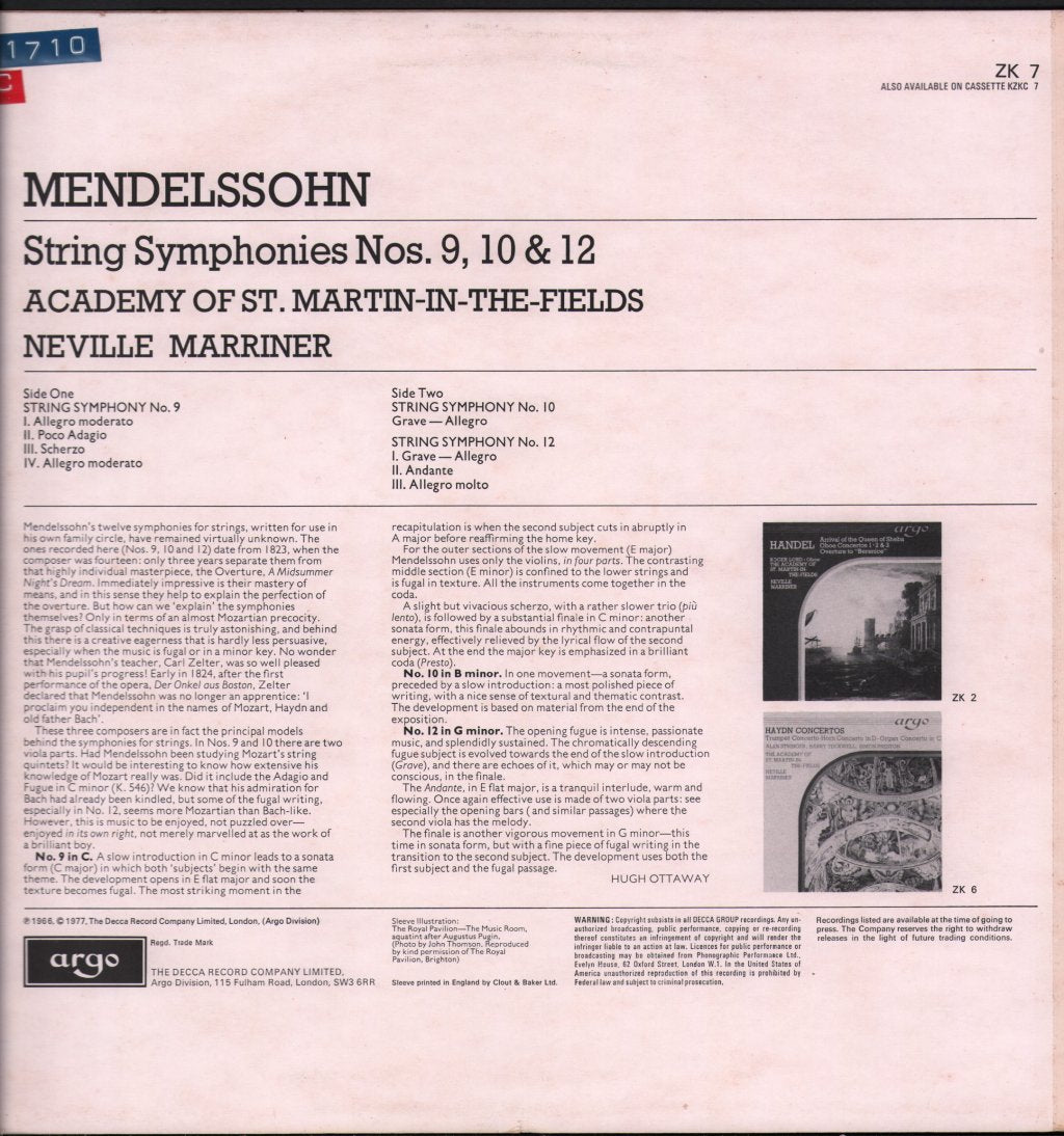 Neville Marriner / Academy Of St. Martin In The Fields - Mendelssohn String Symphonies Nos. 9, 10 & 12 - Lp