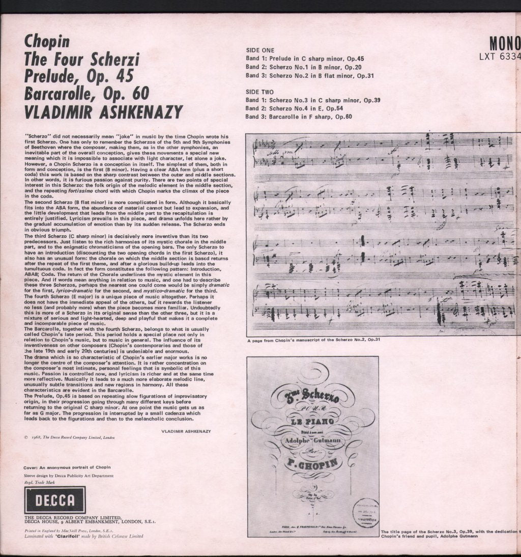 Vladimir Ashkenazy - Chopin - 4 Scherzi / Prelude Op.45 / Barcarolle Op.60 - Lp