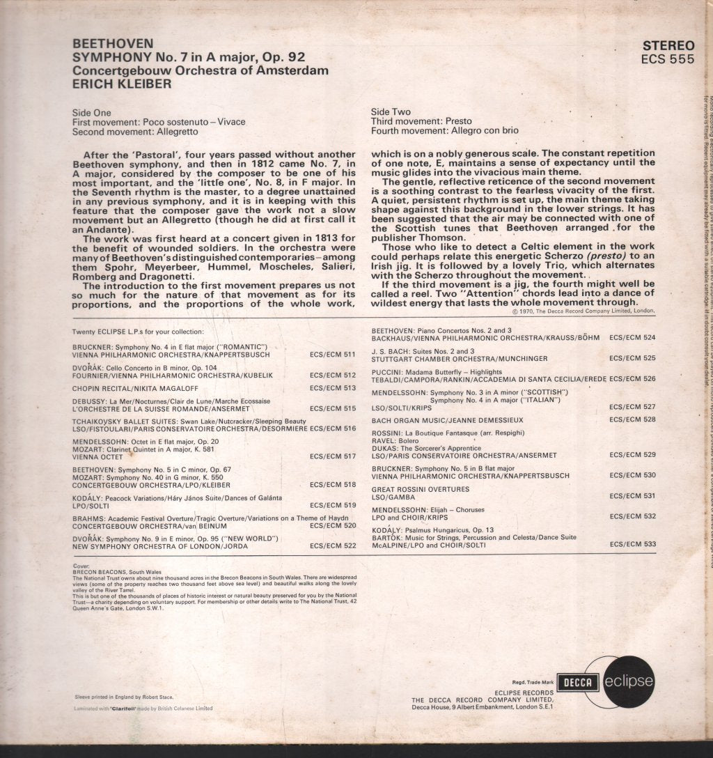 Erich Kleiber / Concertgebouw Orchestra, Amsterdam - Beethoven - Symphony No. 7 In A Major - Lp