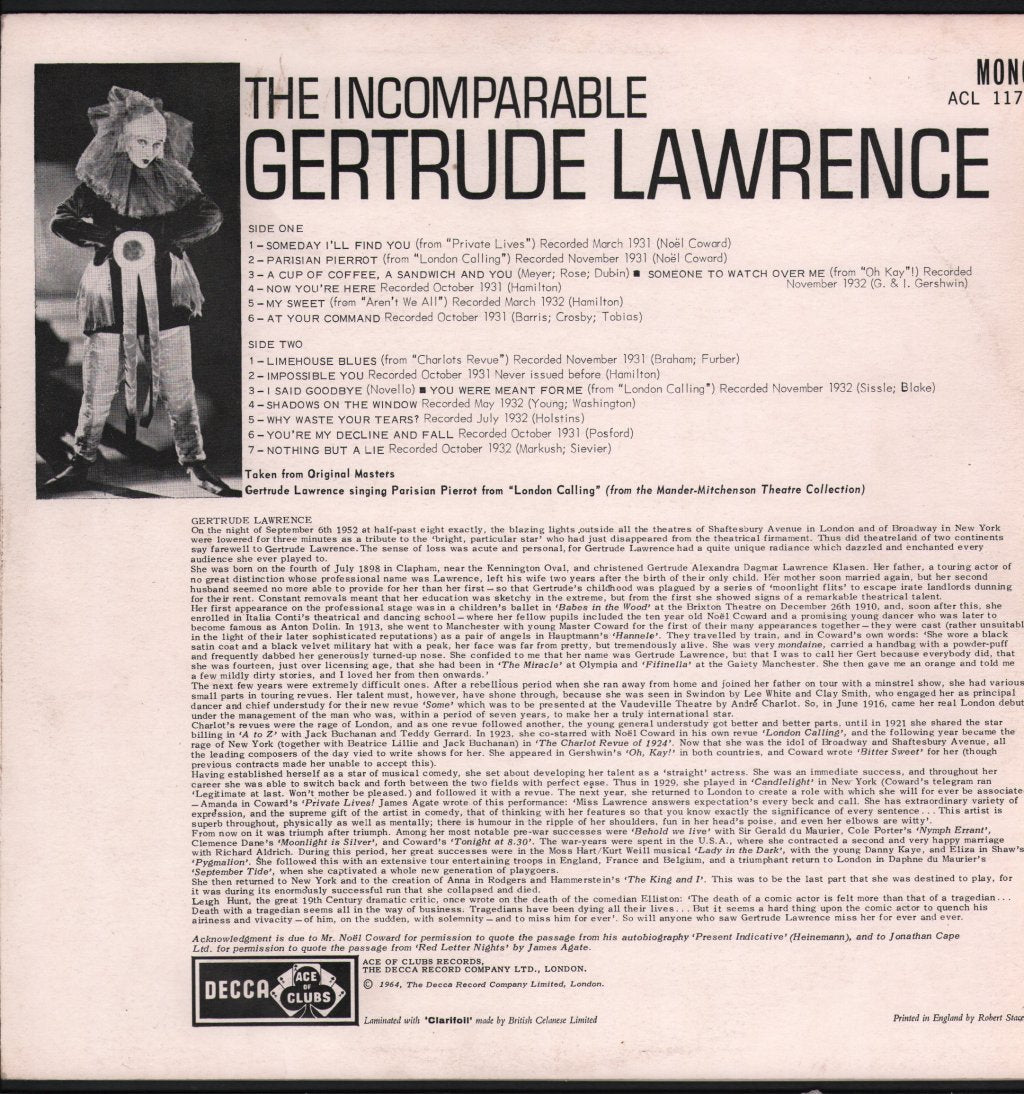 Gertrude Lawrence - Incomparable Gertrude Lawrence - Lp