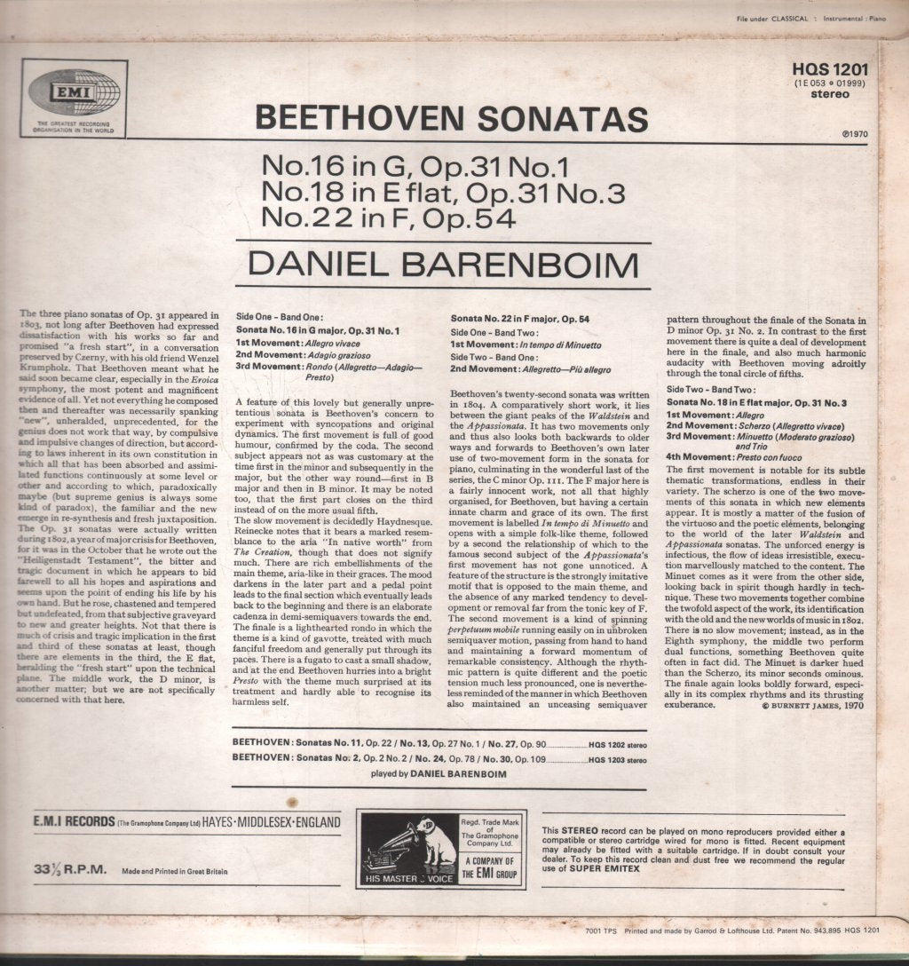 Daniel Barenboim - Beethoven Sonatas - No. 16 In G / No. 18 In E Flat / No. 22 In F - Lp
