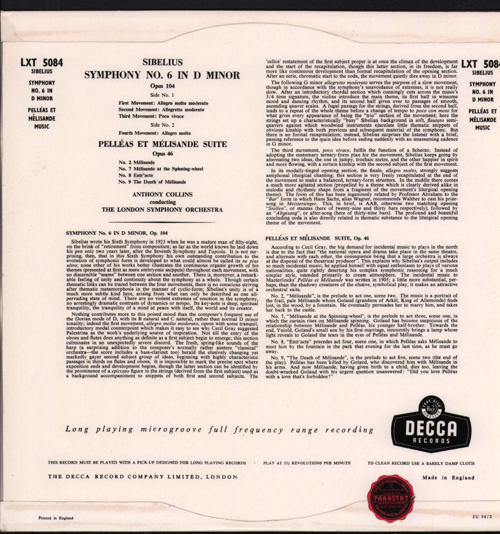 Anthony Collins / London Symphony Orchestra - Sibelius - Symphony No. 6 In D Minor Opus 104 - Lp