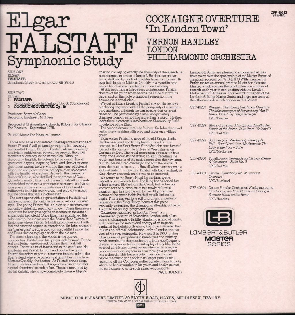 Vernon Handley / London Philharmonic Orchestra - Elgar - Falstaff / Symphonic Study / Cockaigne Overture "In London Town" - Lp