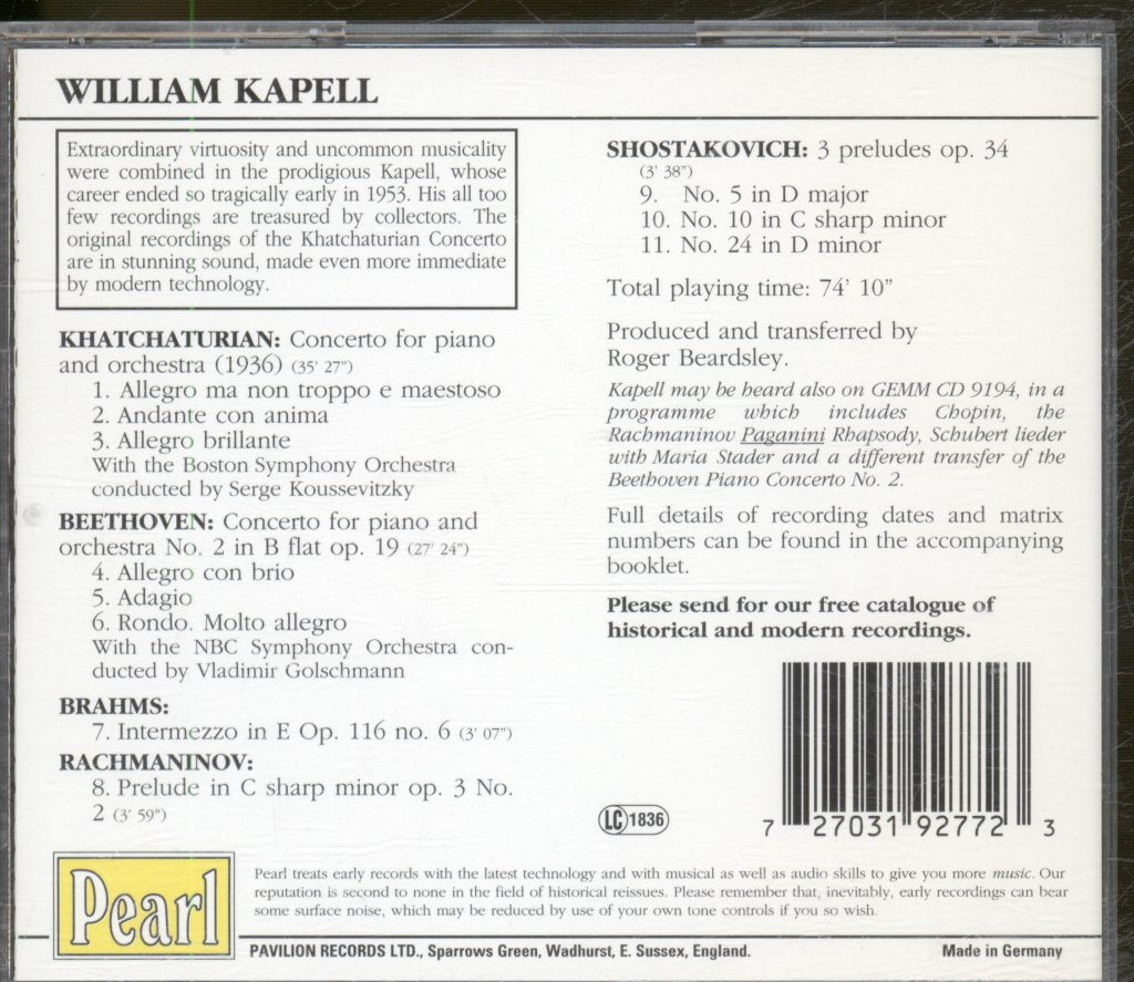 William Kapell - Katchaturian / Beethoven / Brahms - Concerto / Concerto No. 2 / Intermezzo / Prelude Op. 3 No. 2 / 3 Preludes Op. 34 - Cd