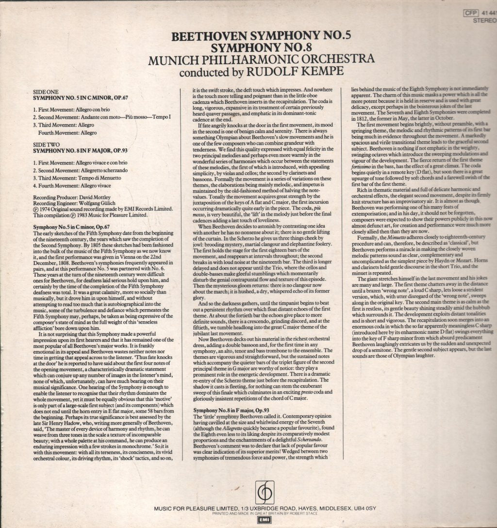 Rudolf Kempe / Munich Philharmonic Orchestra - Beethoven - Symphony No.5 / Symphony No.8 - Lp
