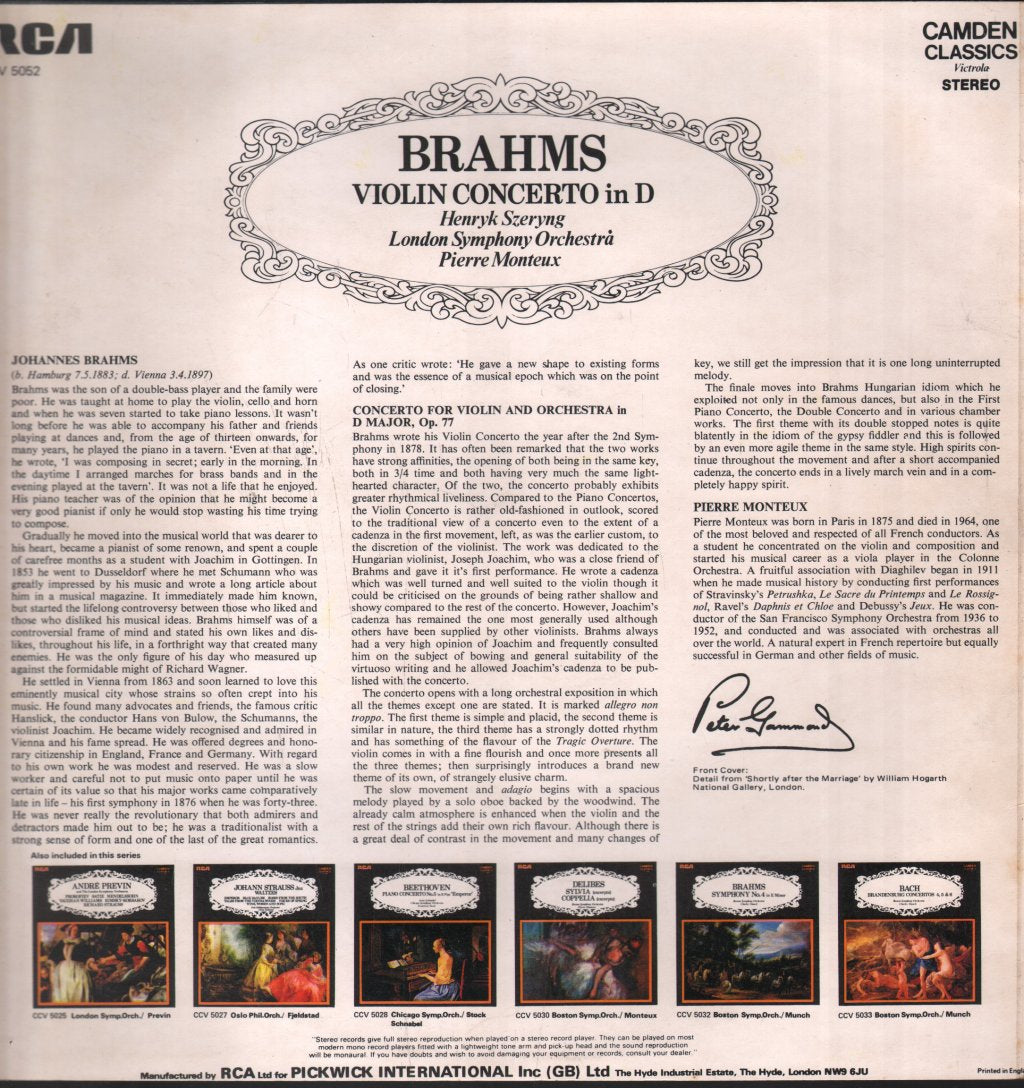 Henryk Szeryng / Pierre Monteux / London Symphony Orch. - Brahms - Violin Concerto In D - Lp