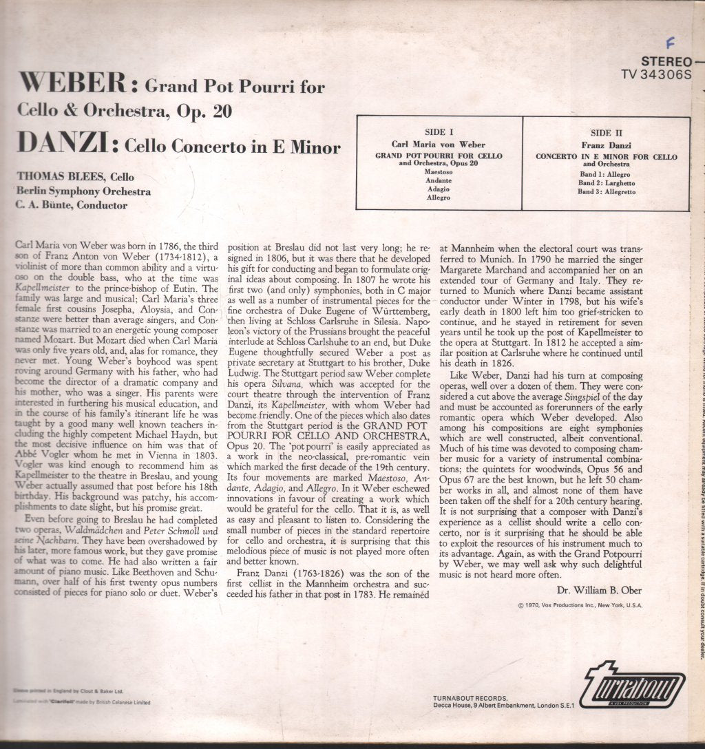 Thomas Blees / Berlin Symphony Orchestra - Carl Maria von Weber - Grand Potpourri For Cello & Orchestra, Op. 20 / Franz Danzi - Cello Concerto In E Minor - Lp