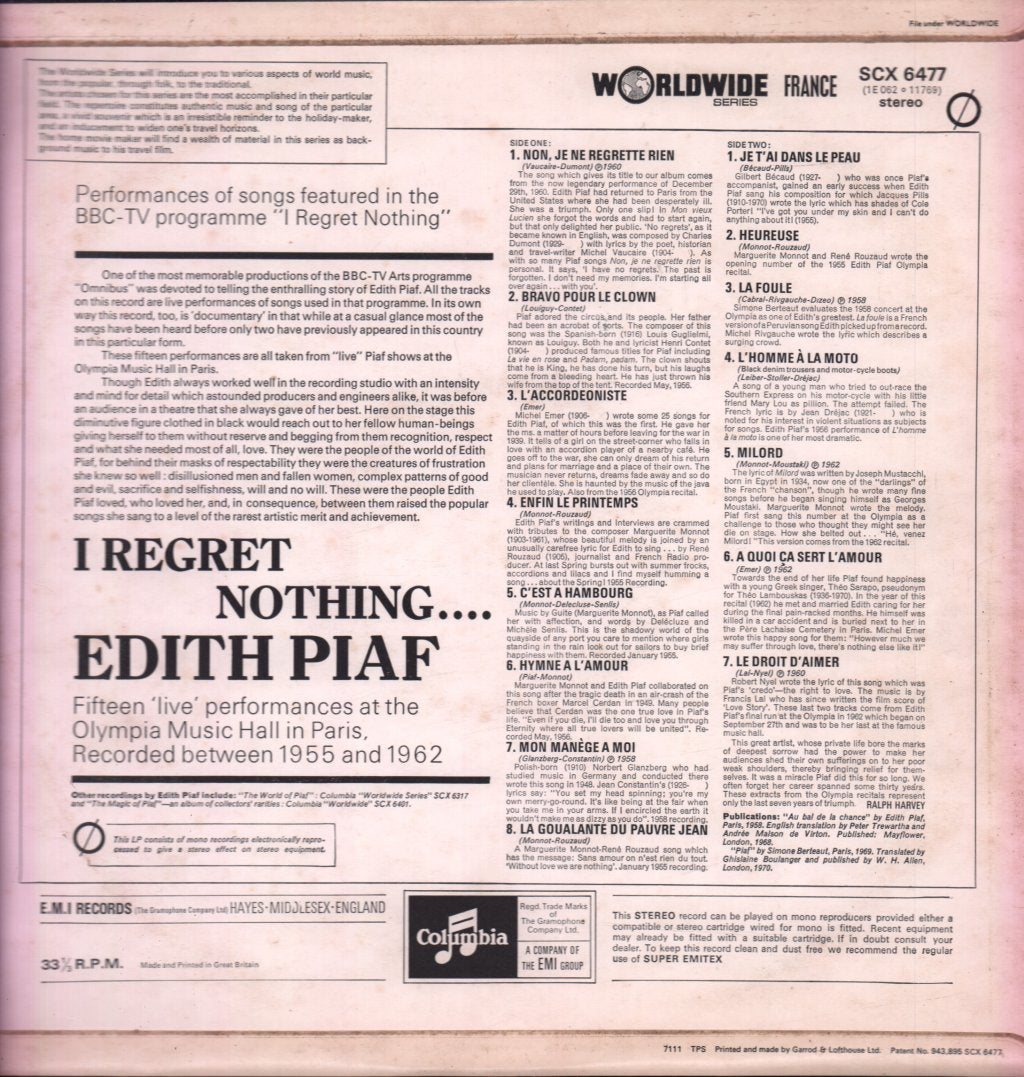 Edith Piaf - I Regret Nothing - Lp