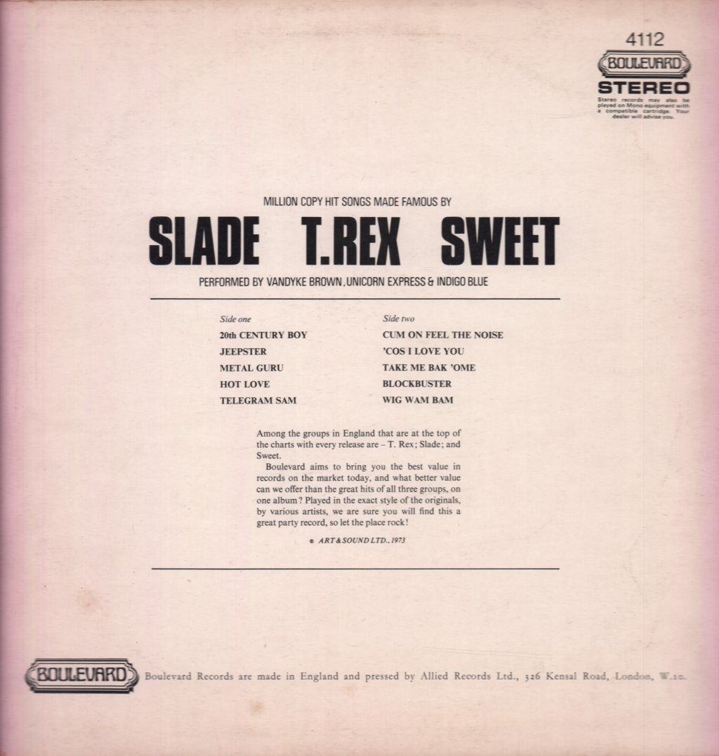 Various Artists - Million Copy Hit Songs Made Famous By T. Rex, Slade And Sweet - Lp