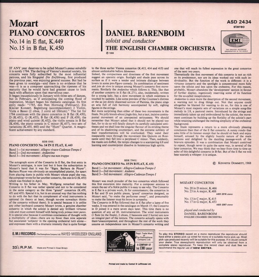 Daniel Barenboim / English Chamber Orchestra - Mozart - Piano Concerto No. 14 In E-Flat, K. 449 /  Piano Concerto No. 15 In B-Flat, K. 450 - Lp