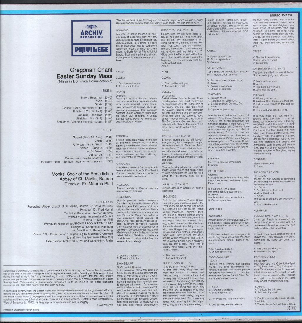 Monks' Choir of the Benedictine Abbey of St. Martin, Beuron - Gregorian Chant - Easter Sunday Mass - Lp