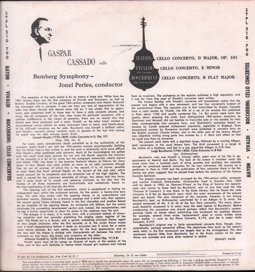 Gaspar Cassado / Bamberg Symphony Orchestra / Jonel Perlea - Cello Concertos - Haydn / Vivaldi / Boccherini - Lp