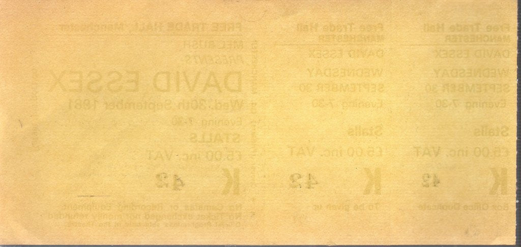 David Essex - Free Trade Hall Manchester 30Th Sept 1981 - Ticket