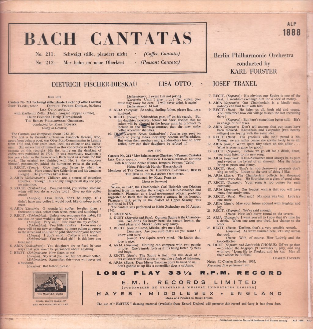 Berliner Philharmoniker - bach Cantatas Nos 211 & 212 - Lp