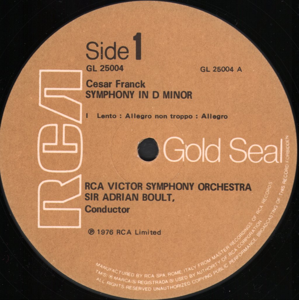 Sir Adrian Boult / RCA Victor Symphony Orchestra - Franck - Symphony In D Minor - Lp