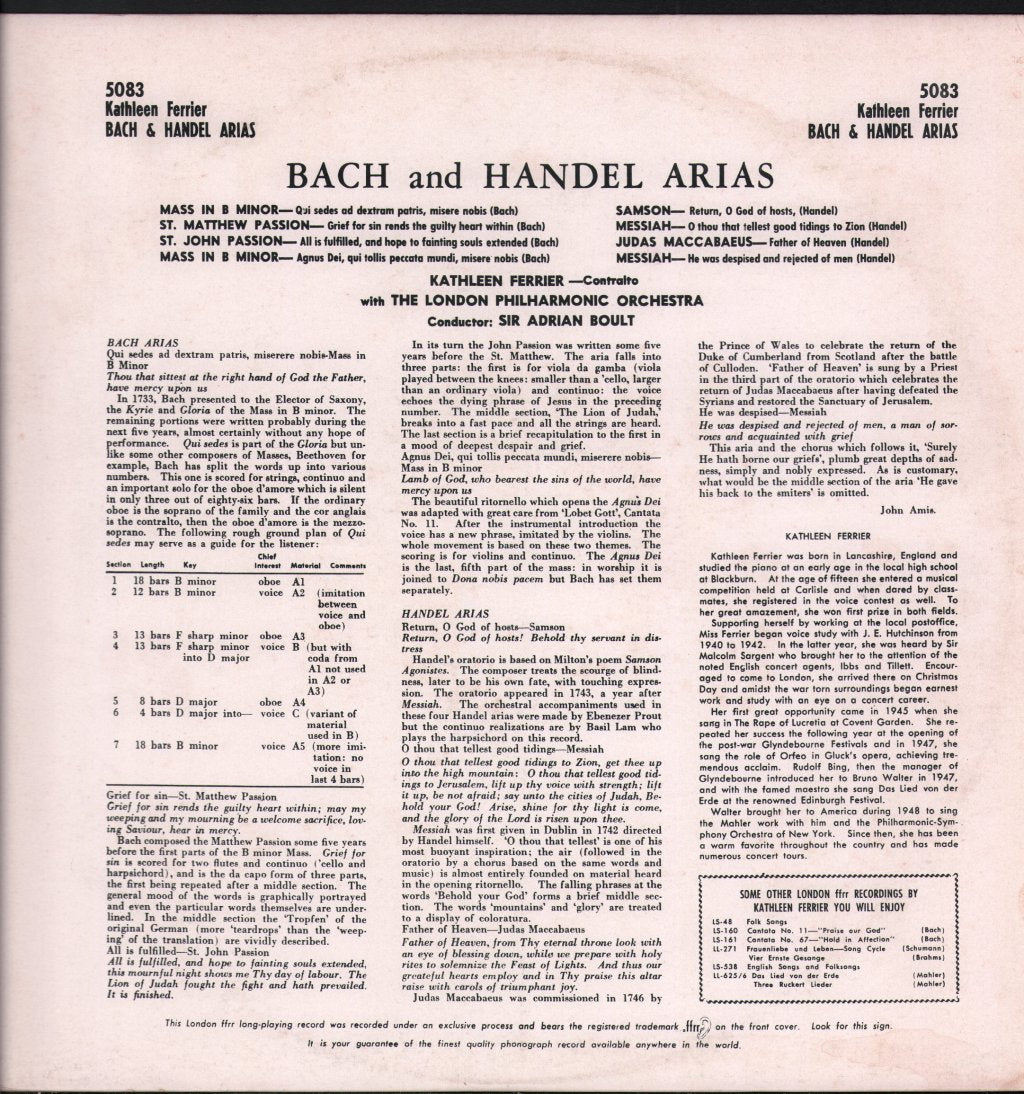 Kathleen Ferrier / London Philharmonic Orchestra / Sir Adrian Boult - A Recital Of Bach And Handel Arias - Lp