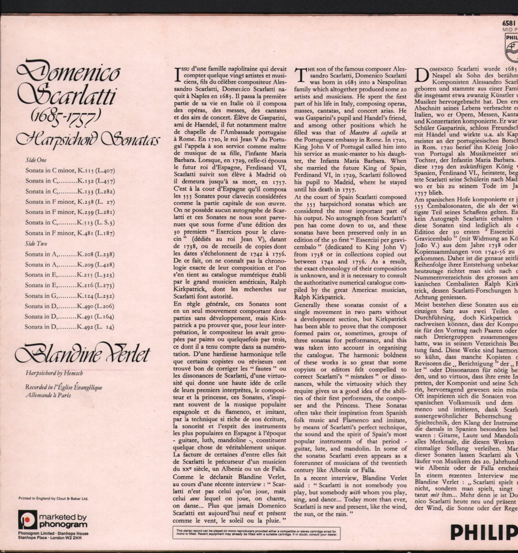 Blandine Verlet - Scarlatti - Harpsichord Sonatas - Lp