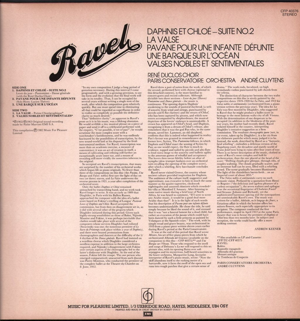 Andre Cluytens / Paris Conservatoire Orchestra - Daphnis Et Chloé - Suite No. 2 & Other Orchestral Works - Lp