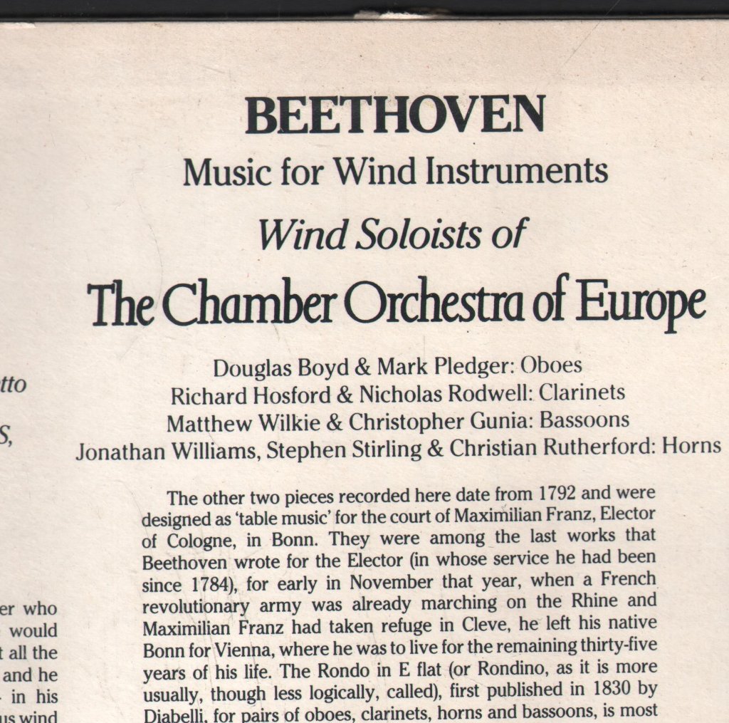 Wind Soloists Of The Chamber Orchestra Of Europe - Beethoven - Music For Wind Instruments - Lp