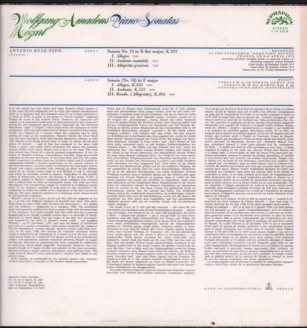 Antonio Ruiz-Pipo - Mozart - Piano Sonatas No 13 In B Flat Major / No.18 In F Major - Lp