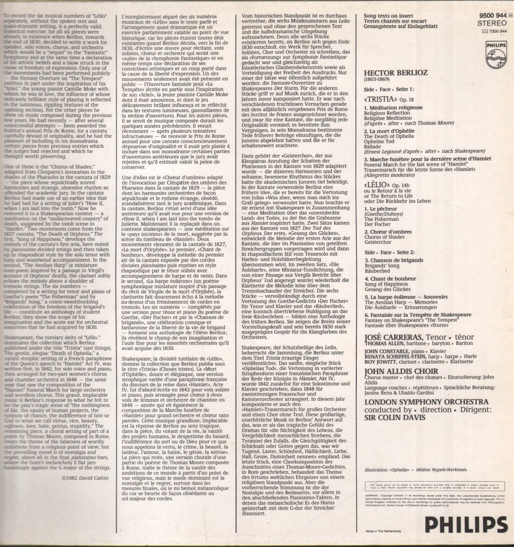 Jose Carreras / Thomas Allen / John Alldis Choir / Sir Colin Davis / London Symphony Orchestra - Berlioz - Lelio Op. 14B / Tristia Op. 18 - Lp
