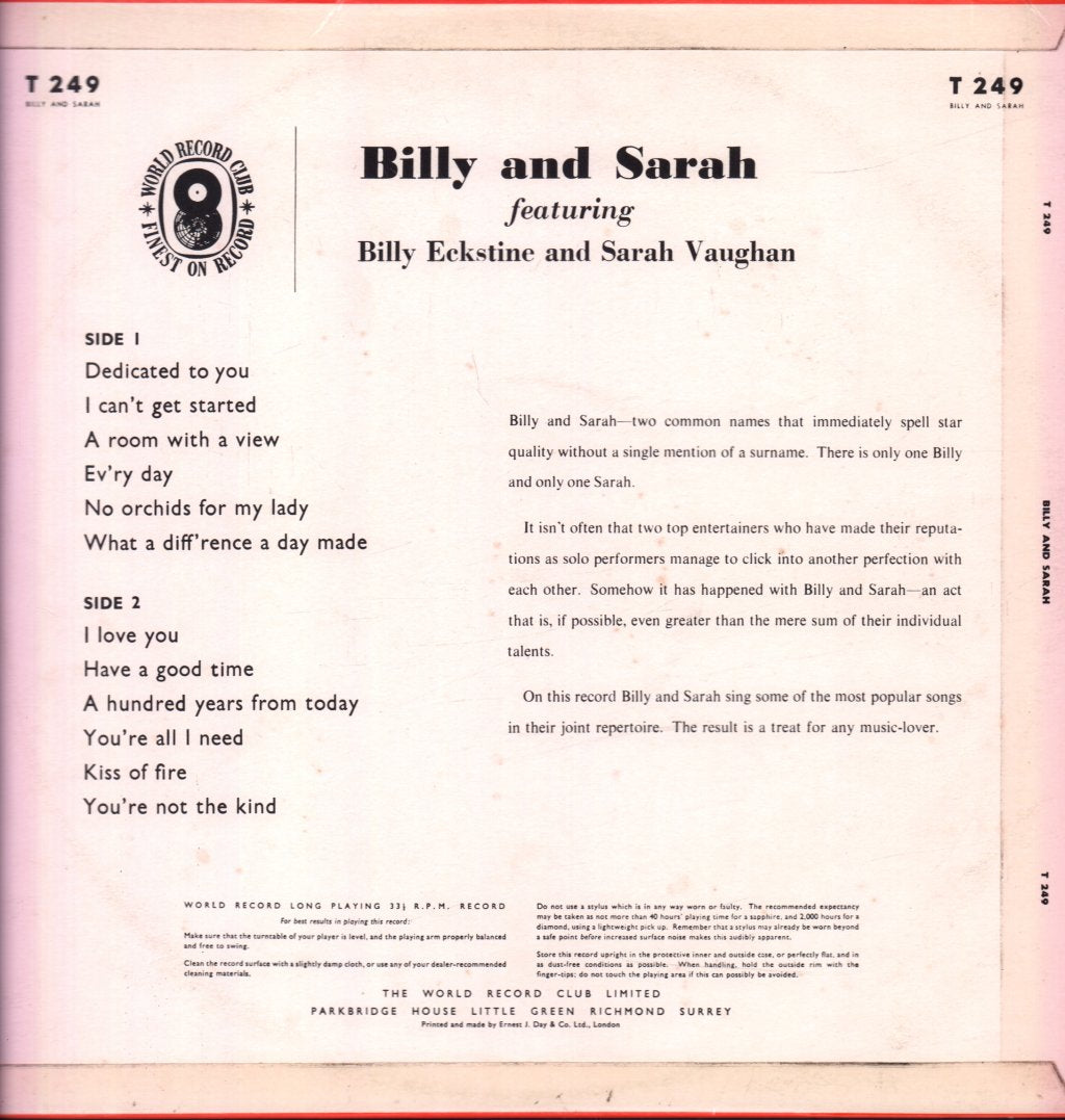 Billy Eckstine And Sarah Vaughan - Billy And Sarah - Lp