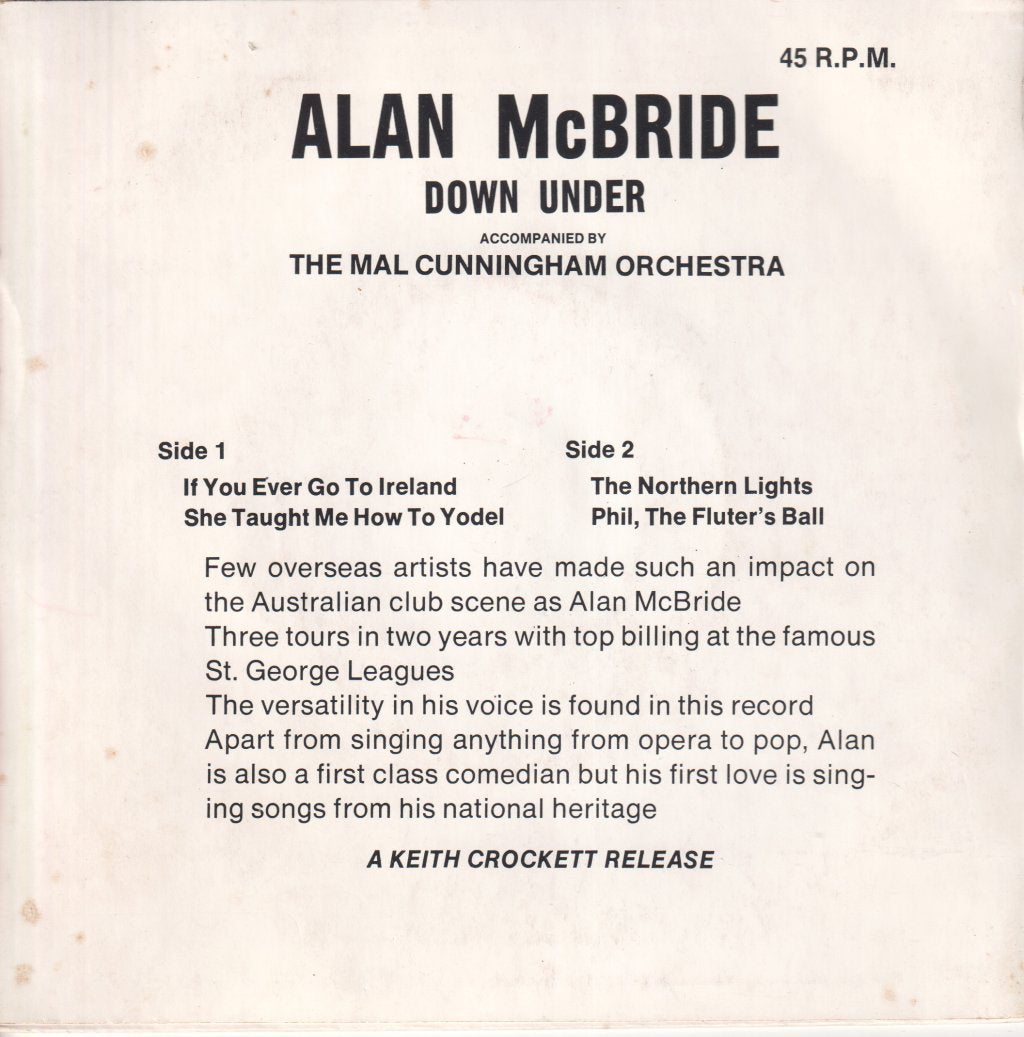 Alan McBride, The Mal Cunningham Orchestra - Down Under - 7 Inch