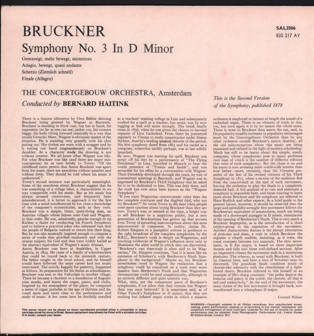 Bernard Haitink / Concertgebouw Orchestra, Amsterdam - Bruckner - Symphony No. 3 In D Minor - Lp