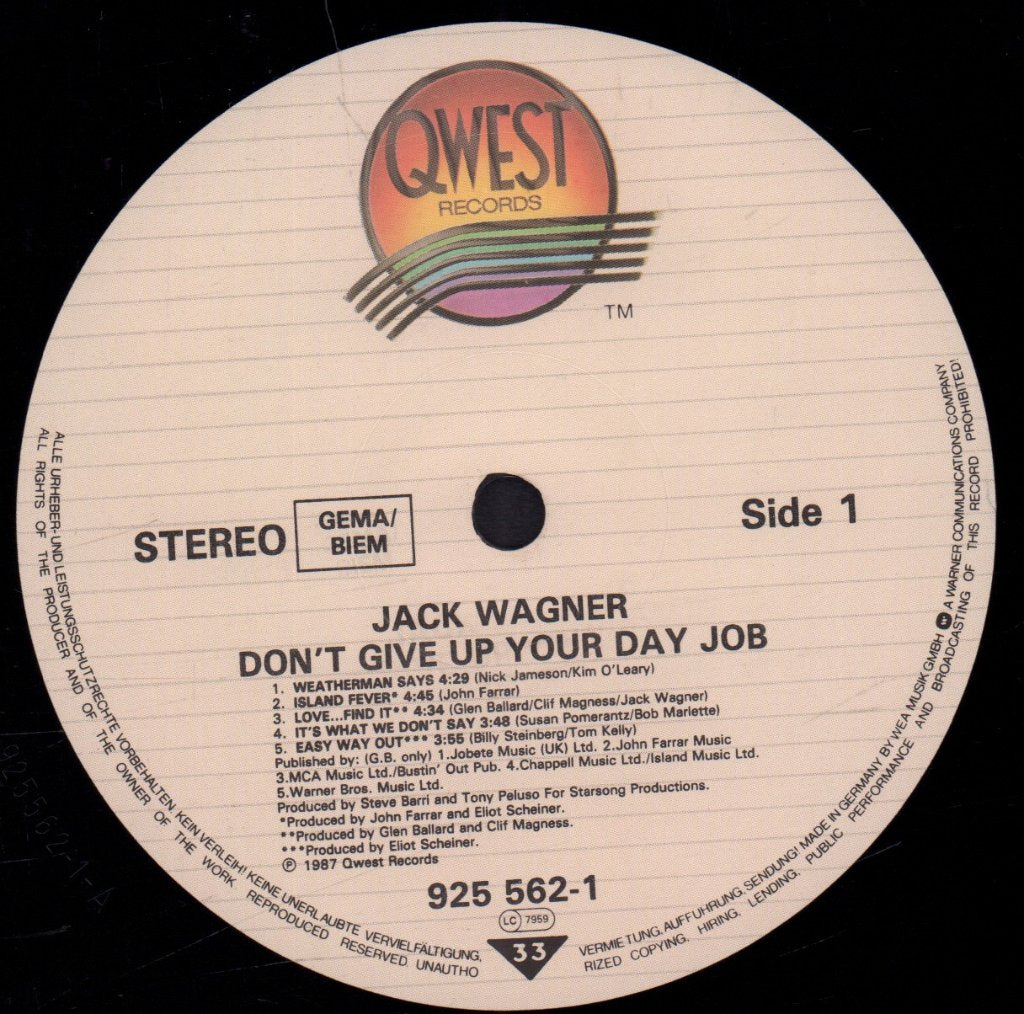 Jack Wagner - Don't Give Up Your Day Job - Lp