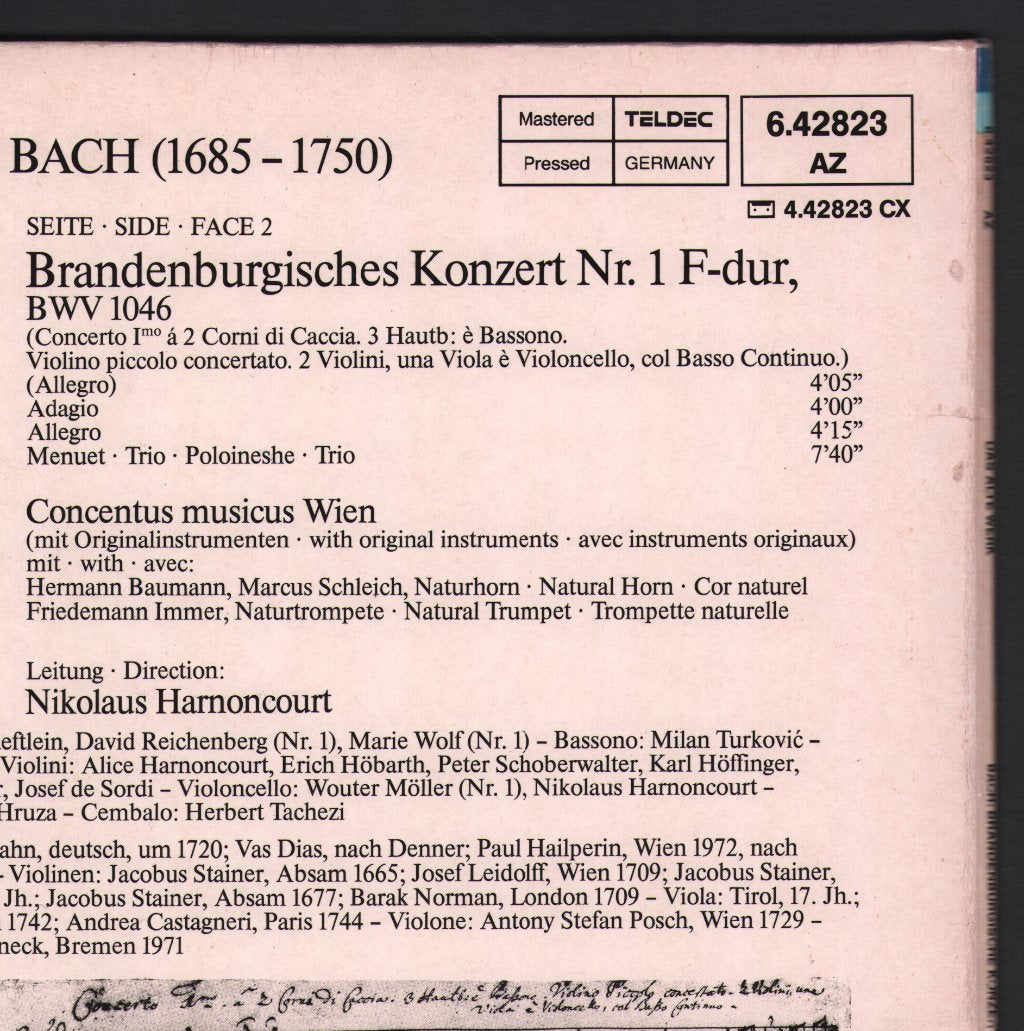 Concentus Musicus Wien / Nikolaus Harnoncourt - J.S. Bach - Brandenburgische Konzerte Nr. 1•2•4 - Lp