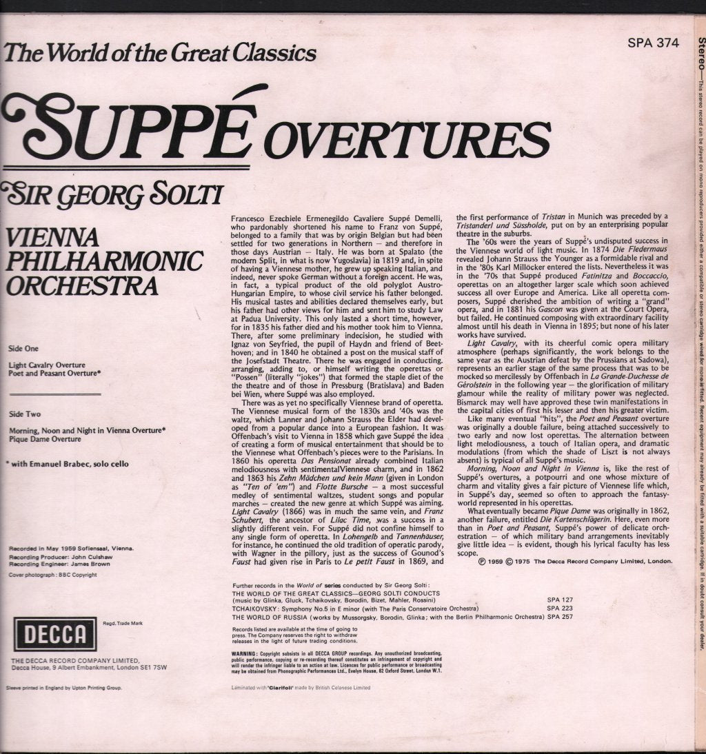Georg Solti / Vienna Philharmonic Orchestra - Suppe Overtures - Lp