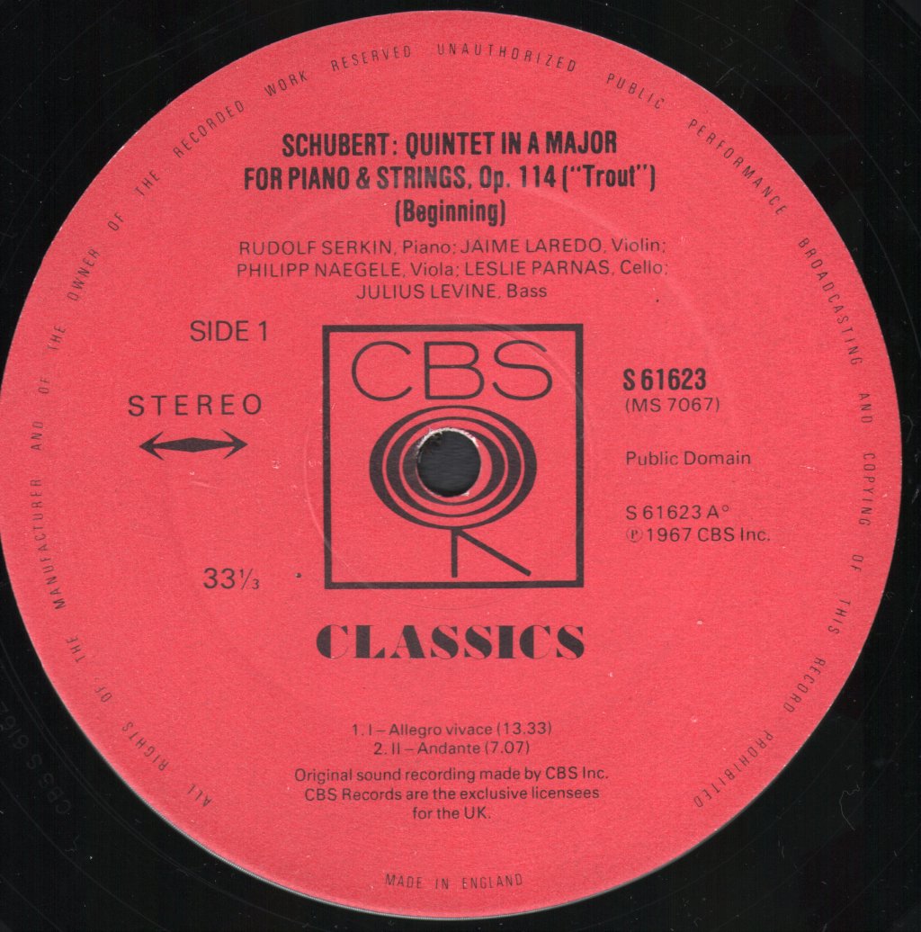 Rudolf Serkin / Jaime Laredo / Leslie Parnas / Philipp Naegele / Julius Levine - Franz Schubert - Quintet In A Major For Piano And Strings, Op. 114 ("Trout") - Lp