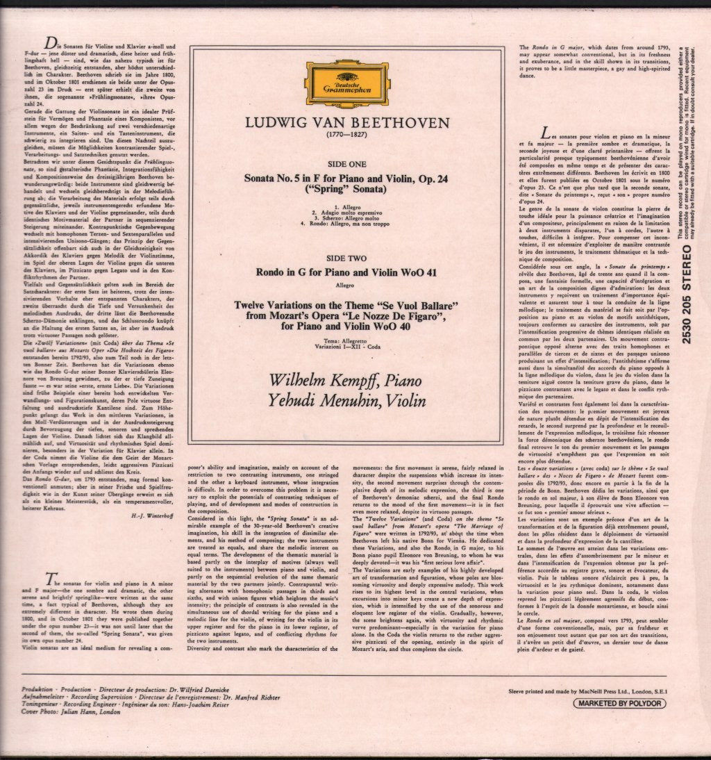 Wilhelm Kempff / Yehudi Menuhin - Beethoven - Spring Sonata op.24 / Rondo WoO 41 / 12 Variations WoO 40 - Lp