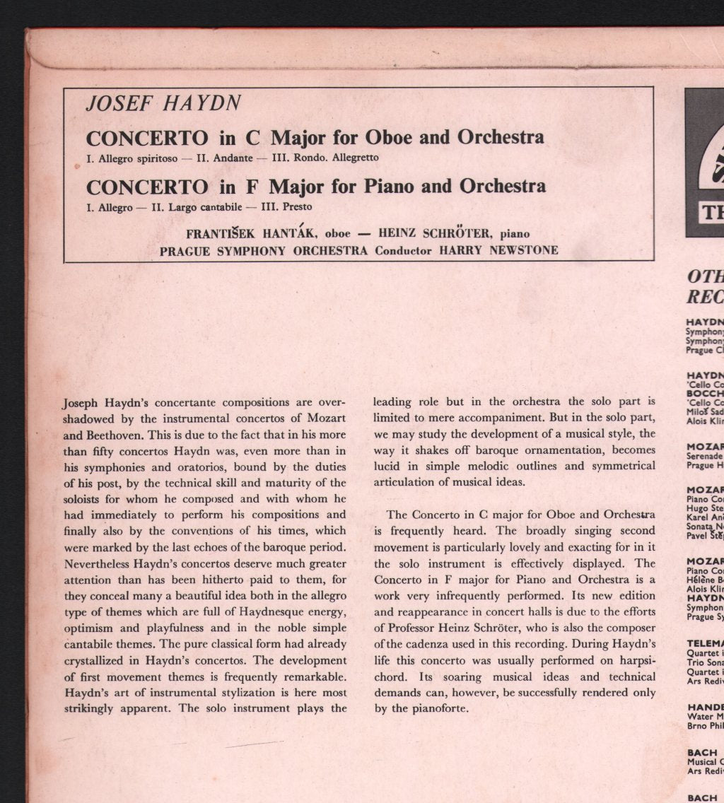 Frantisek Hantak / Heinz Schroter / Prague Symphony - Haydn - Concerto For Oboe / Concerto For Piano In F - Lp