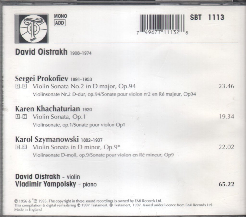 David Oistrach, Vladimir Yampolsky, Sergei Prokofiev, Karen Khachaturian, Karol Szymanowski - David Oistrach Plays Sonatas - Cd