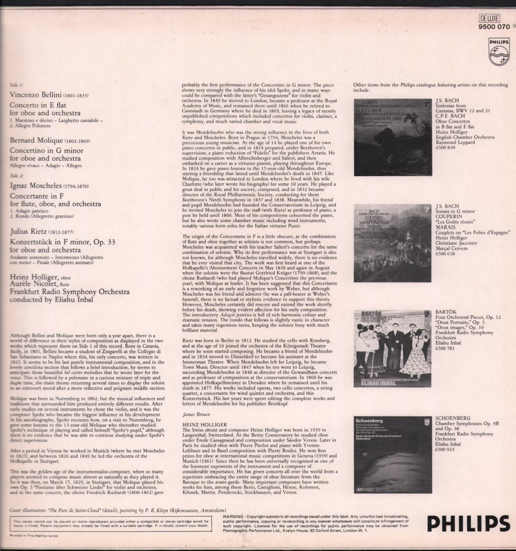 Heinz Holliger And Aurele Nicolet / Frankfurt Radio Symphony Orchestra / Eliahu Inbal - Heinz Holliger And Aurele Nicolet Play Oboe And Flute Works By Bellini, Molique, Moscheles, & Rietz - Lp